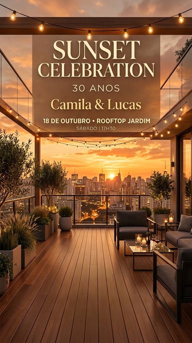 Convite Sunset Celebration Camila & Lucas no Rooftop